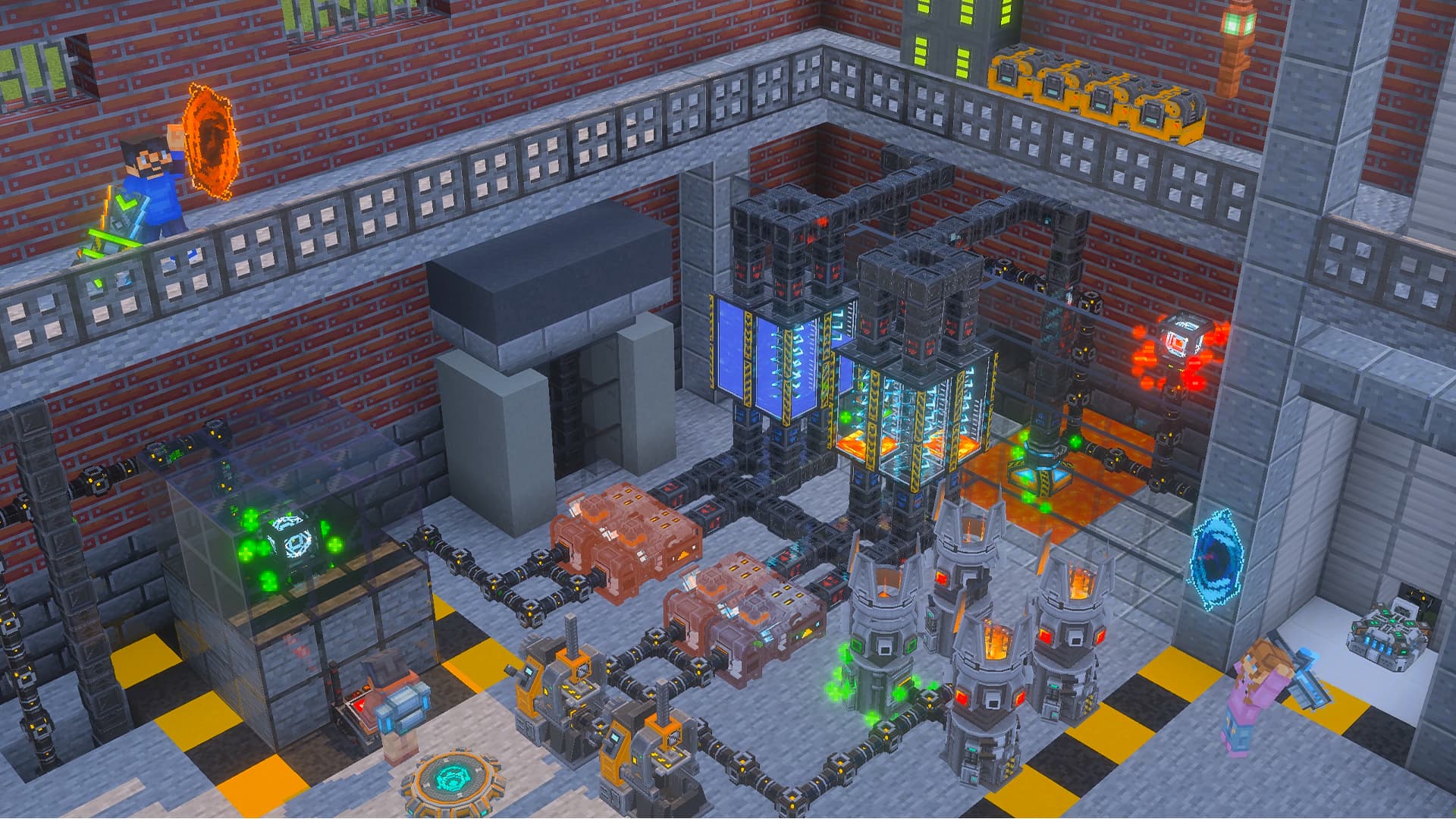 A full production hall with machines, pipes and portals